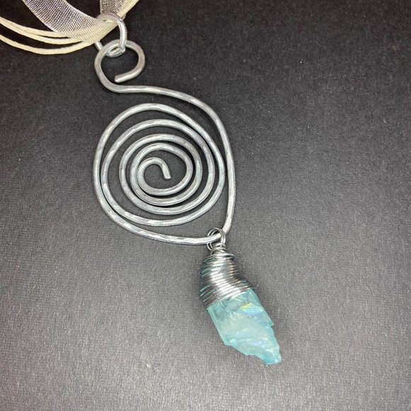 Hammered Stainless Steel Wire Pendant w/ Wrapped Blue Dyed Quartz Stone - Picture 10 of 12